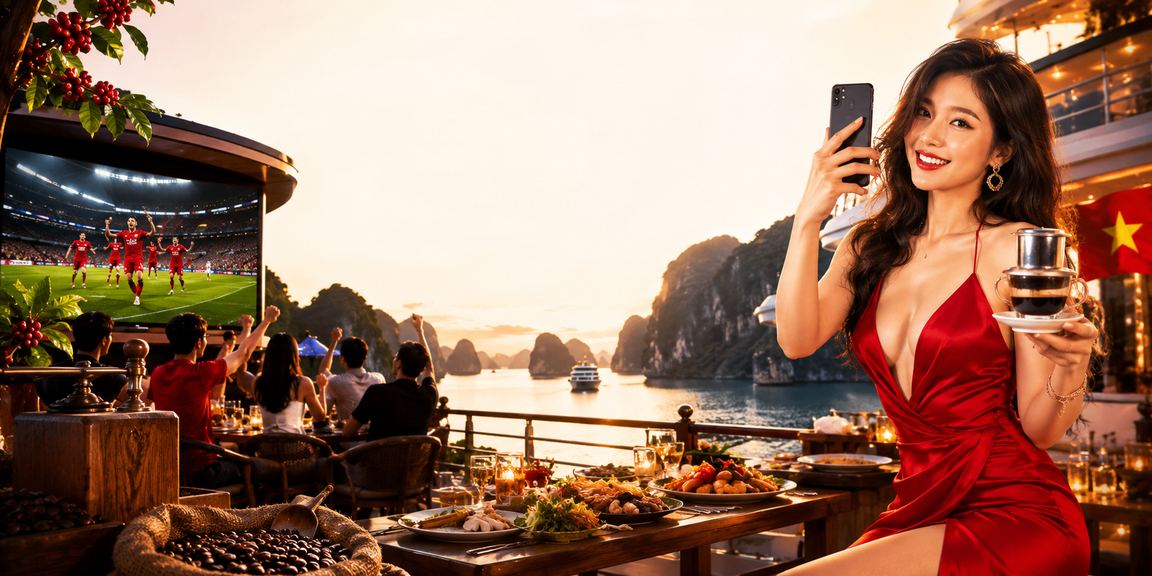 Cảnh vịnh Hạ Long với người dùng theo dõi kết quả bóng đá trực tuyến trên điện thoại